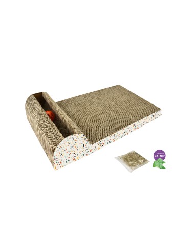 Cardboard scratcher with ball and catnip